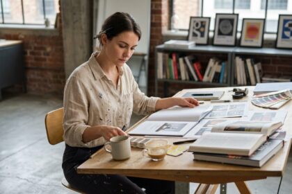 Designer graphique professionnelle étudiant son portfolio dans un studio industriel avec des références visuelles et des esquisses sur sa table de travail