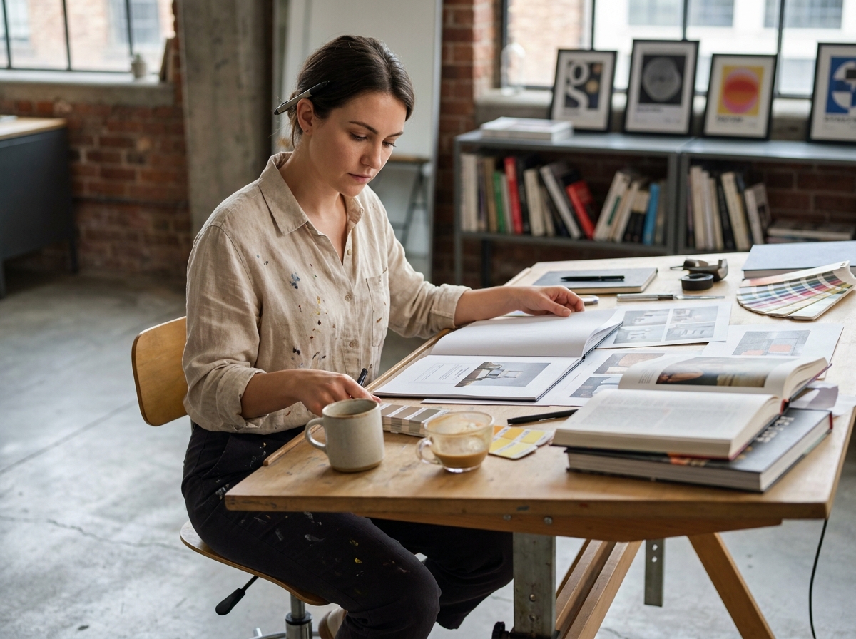 Designer graphique professionnelle étudiant son portfolio dans un studio industriel avec des références visuelles et des esquisses sur sa table de travail