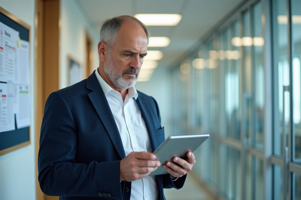 Directeur d'école vérifiant les informations sur la fiche classe 2026 sur une tablette dans un couloir administratif