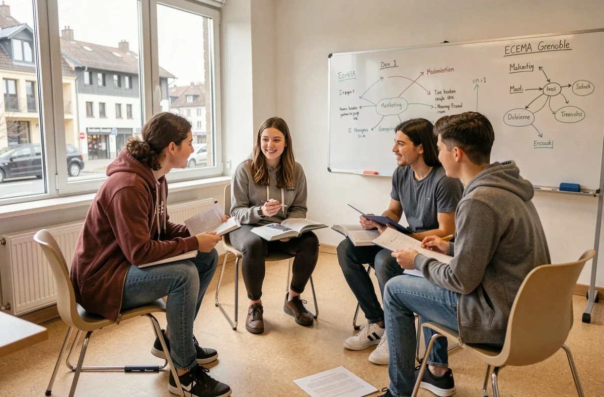 Groupe d'étudiants en discussion de cas pratique dans une salle de cours ouverte de l'ECEMA Grenoble
