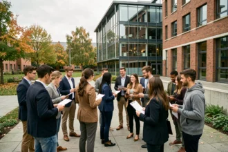 Étudiants en école de commerce dans les Hauts-de-France réunis dans une cour de campus moderne