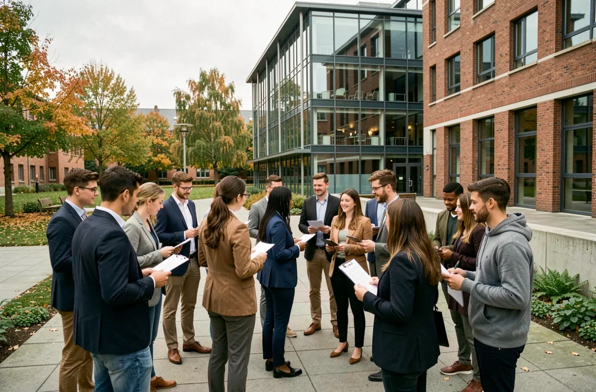 Étudiants en école de commerce dans les Hauts-de-France réunis dans une cour de campus moderne