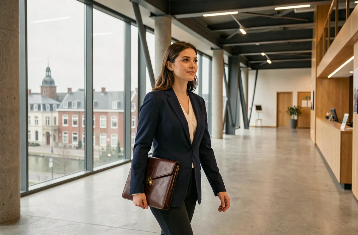 Étudiante de l'EDHEC Business School traversant le hall moderne du campus de Lille