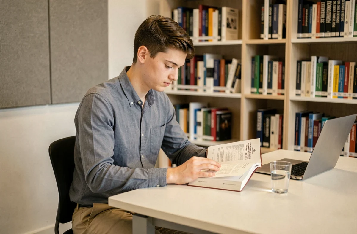 Étudiant concentré sur un manuel de management dans la bibliothèque contemporaine d'Eklore Business School