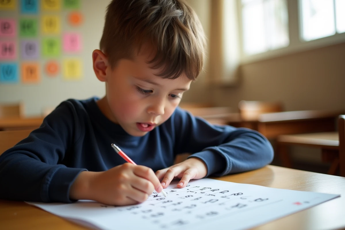 Élève de CE1 en difficulté de lecture qui suit un texte simplifié avec son doigt sur une fiche syllabique imprimée en grands caractères