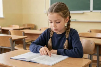 Jeune élève de CE2 lisant attentivement un livret de lecture imprimé à son bureau en classe