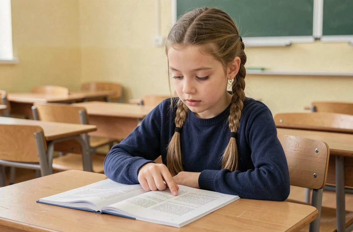 Jeune élève de CE2 lisant attentivement un livret de lecture imprimé à son bureau en classe