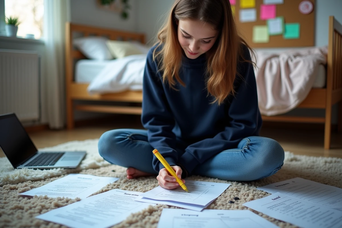 Adolescente révisant les articles définis et indéfinis français avec des fiches de grammaire sur le sol de sa chambre