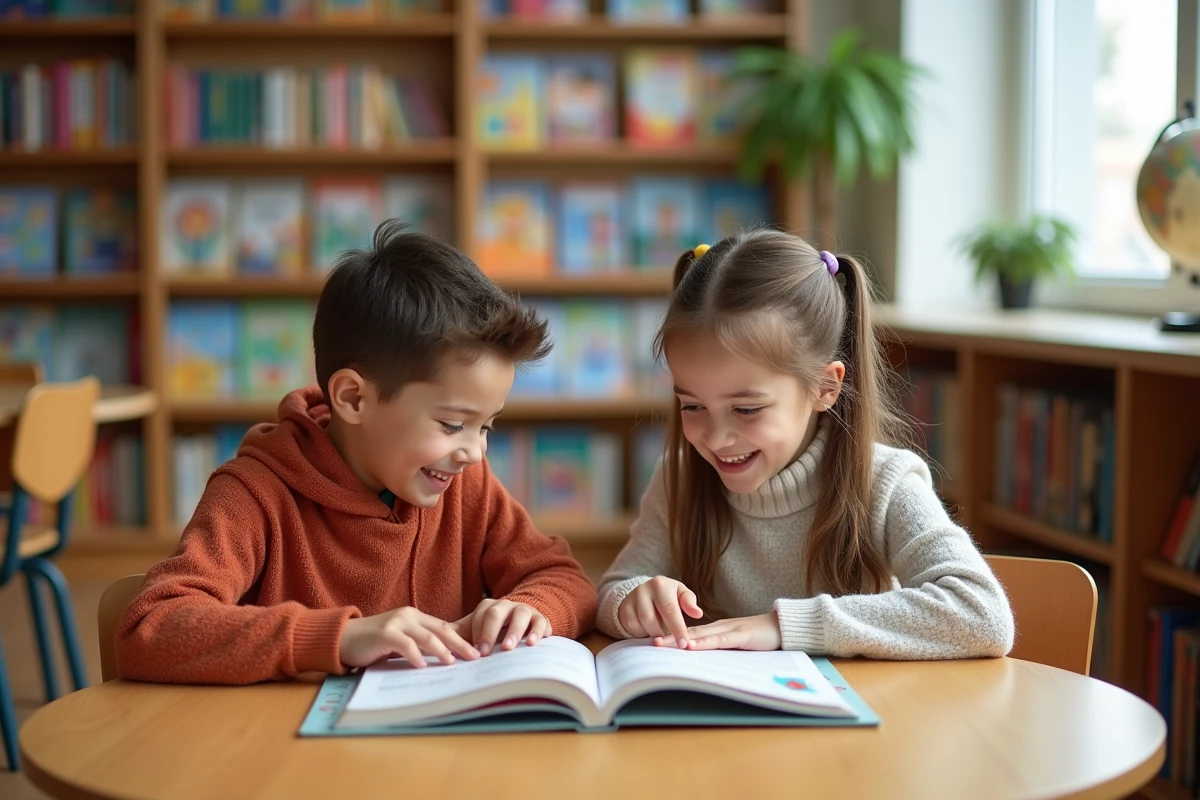 Deux élèves de CE1 lisant ensemble un texte facile à décoder dans une bibliothèque scolaire, pointant les mots du doigt en souriant