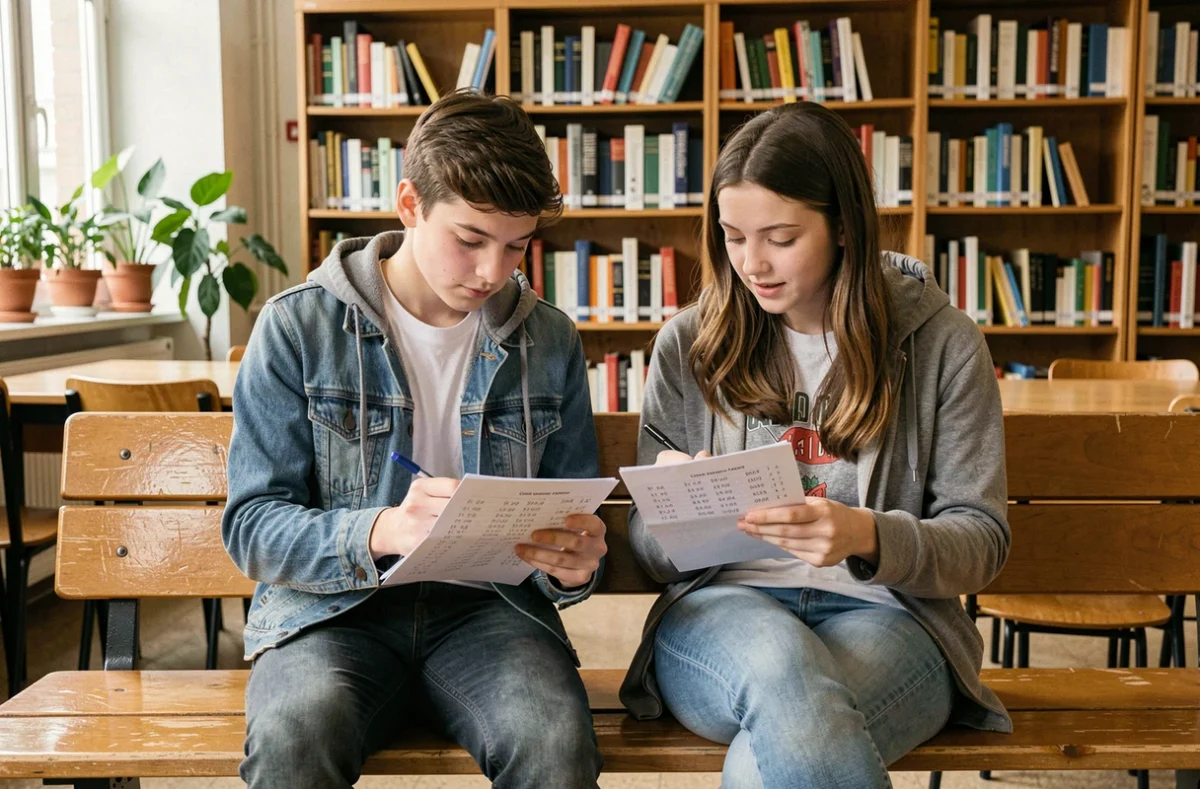 Deux collégiens comparant leurs notes de contrôle continu au brevet 2026 dans une bibliothèque scolaire