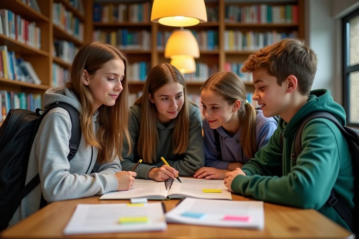 Groupe d'élèves adolescents travaillant ensemble sur les temps de l'indicatif en français avec des fiches de conjugaison