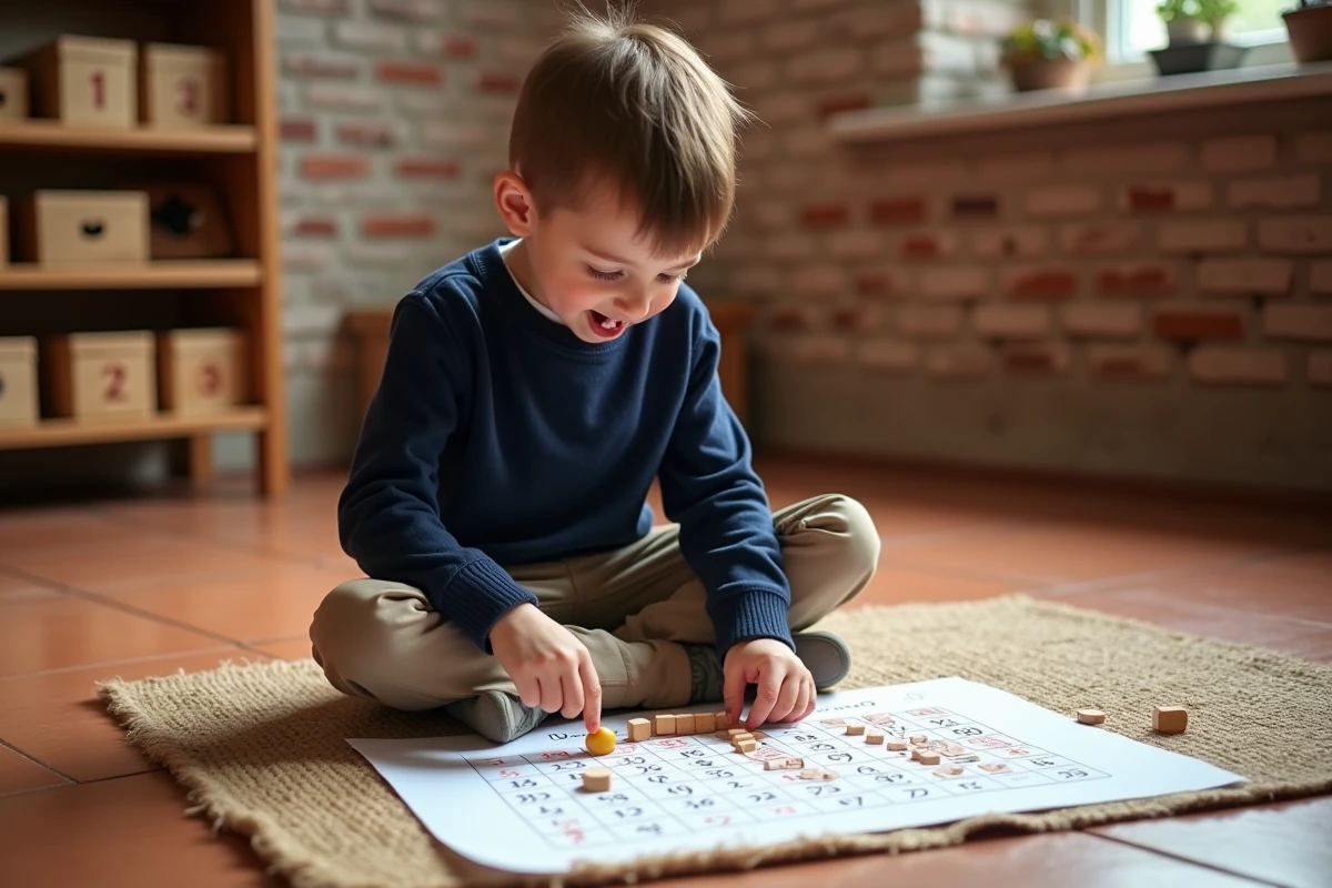 Enfant utilisant des perles en bois Montessori sur une table de multiplication imprimée posée au sol dans une salle de classe