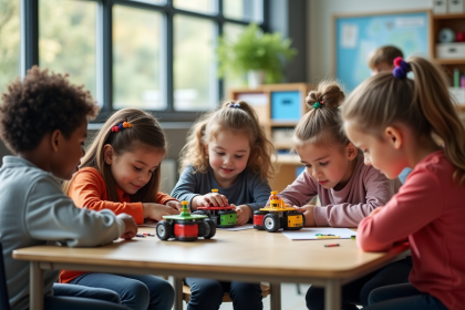 Groupe d enfants curieux autour de kits robotiques en classe