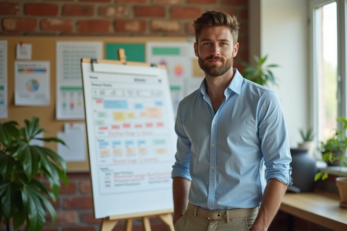 Jeune enseignant près du tableau blanc dans la salle des profs