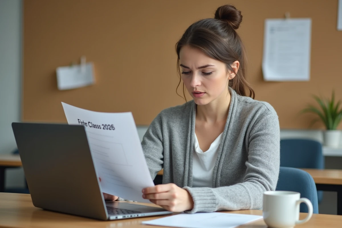 Enseignante consultant une fiche classe 2026 sur son ordinateur portable dans la salle des professeurs