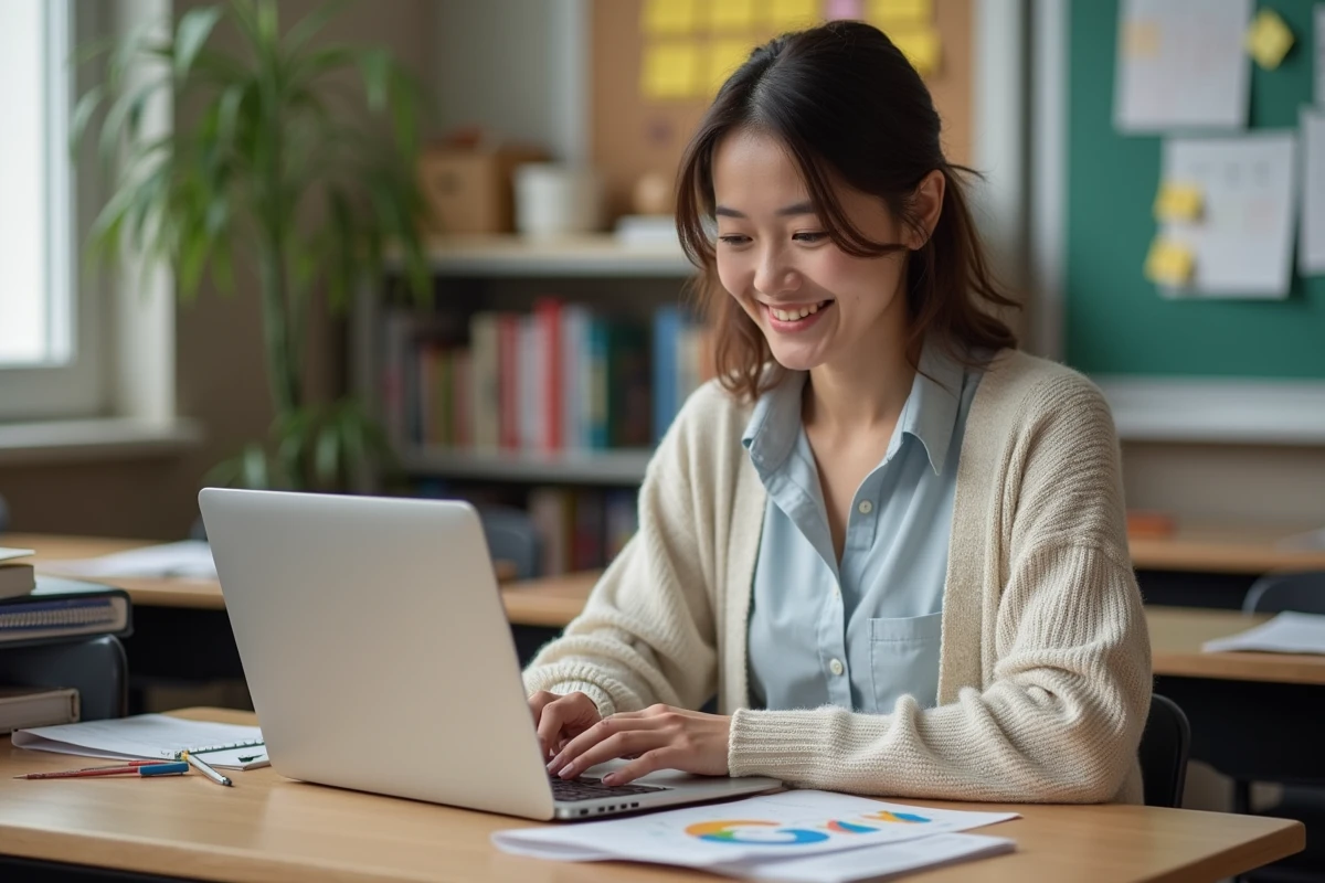 Professeure souriante regarde un graphique de progrès étudiant