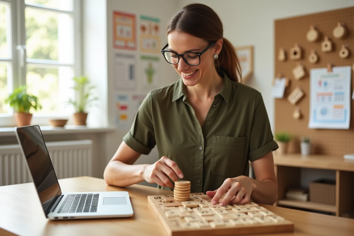 Enseignante combinant une table de multiplication interactive sur ordinateur avec du matériel pédagogique en bois Montessori sur une table