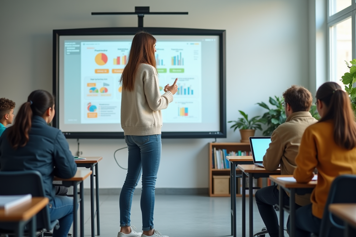 Professeure montrant une application éducative aux lycéens