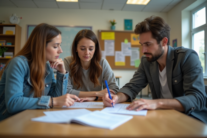Trois enseignants discutent autour de portfolios en classe