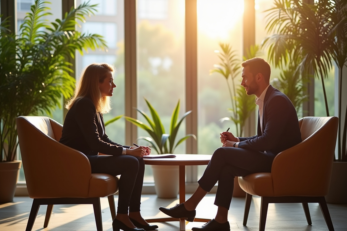 Session de coaching individuel dans un salon lumineux et verdoyant