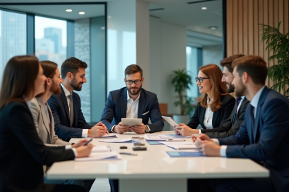 Groupe de professionnels en réunion dans un bureau moderne