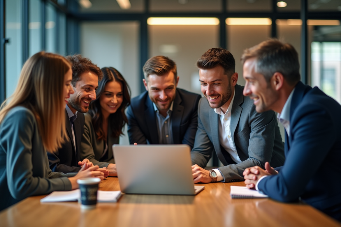 Groupe d'employes de bureau regardant un site web d'entreprise