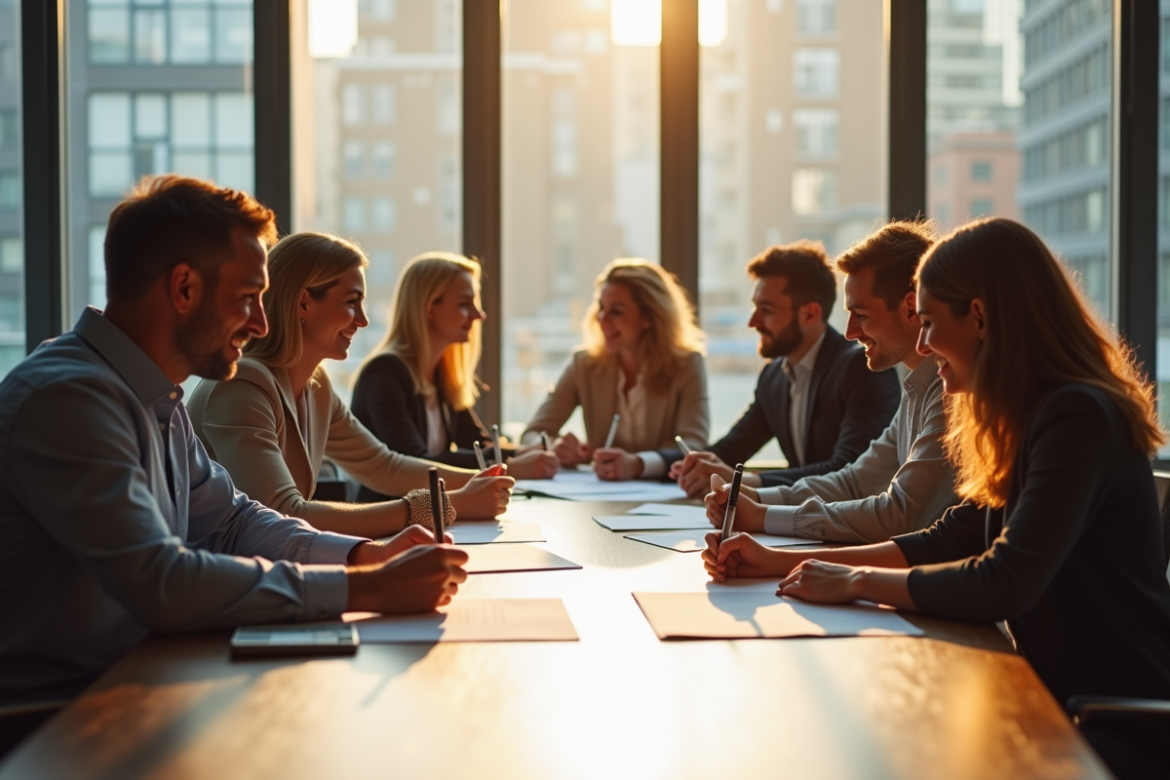 Groupe de personnes signant des documents dans un bureau lumineux