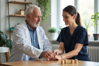 Ergothérapeute guidant un patient âgé lors d'un exercice de motricité fine en cabinet de rééducation
