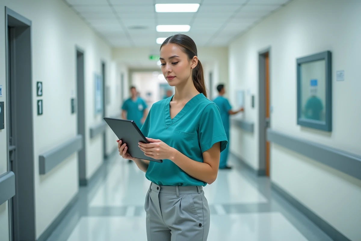 Ergothérapeute en milieu hospitalier consultant un dossier patient sur tablette numérique dans un couloir