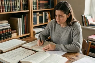Femme étudiant les conjugaisons des verbes du 2ème groupe avec des manuels de grammaire française ouverts sur un bureau en bois