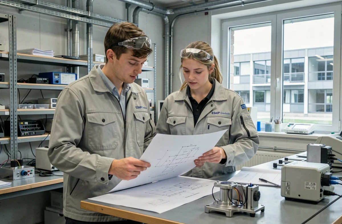 Deux étudiants en ingénierie-commerce consultant un plan technique dans le laboratoire de l'ESAIP Grenoble