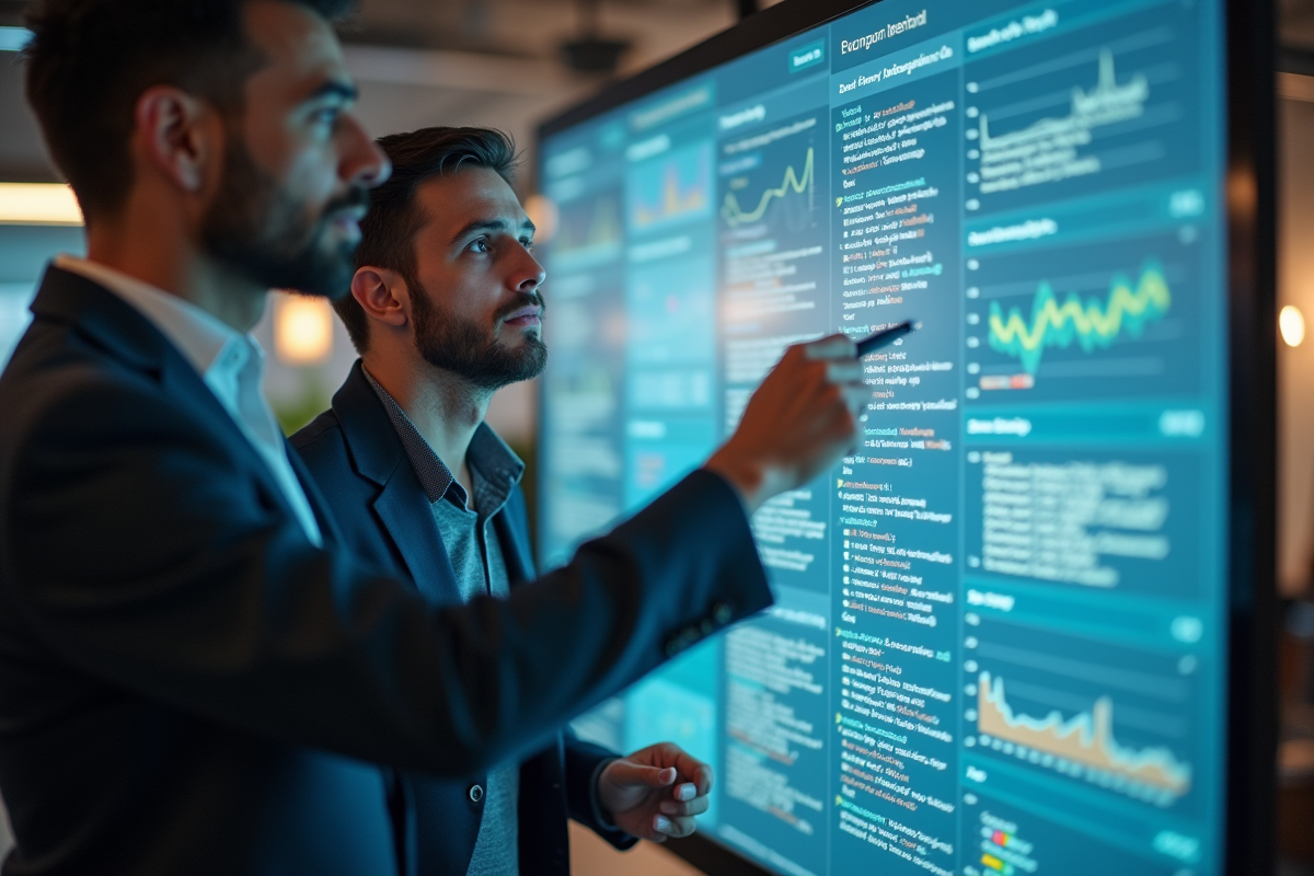 Équipe discutant de R sur tableau blanc numérique dans un espace moderne