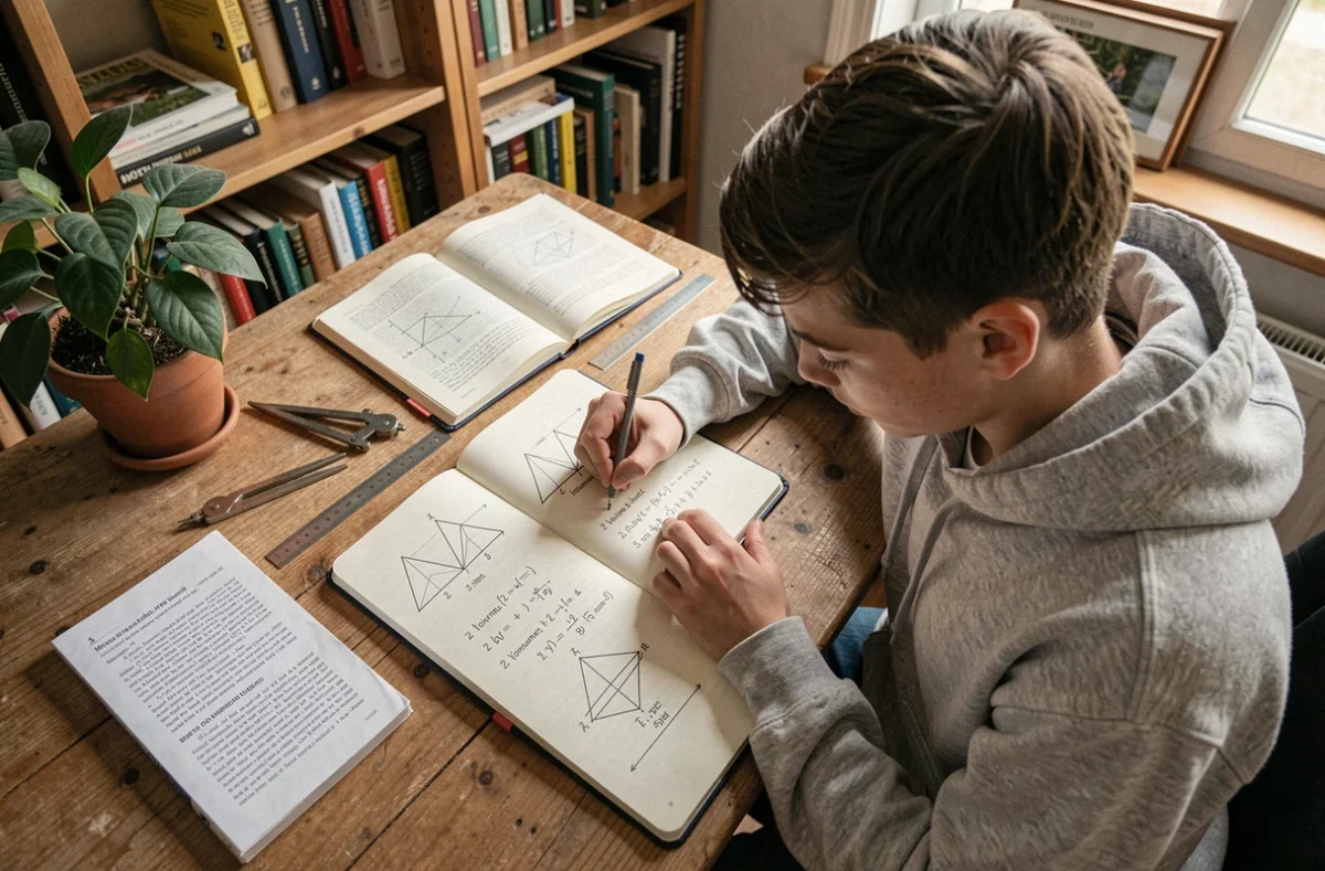 Étudiant faisant ses devoirs de géométrie sur le volume d'une pyramide triangulaire