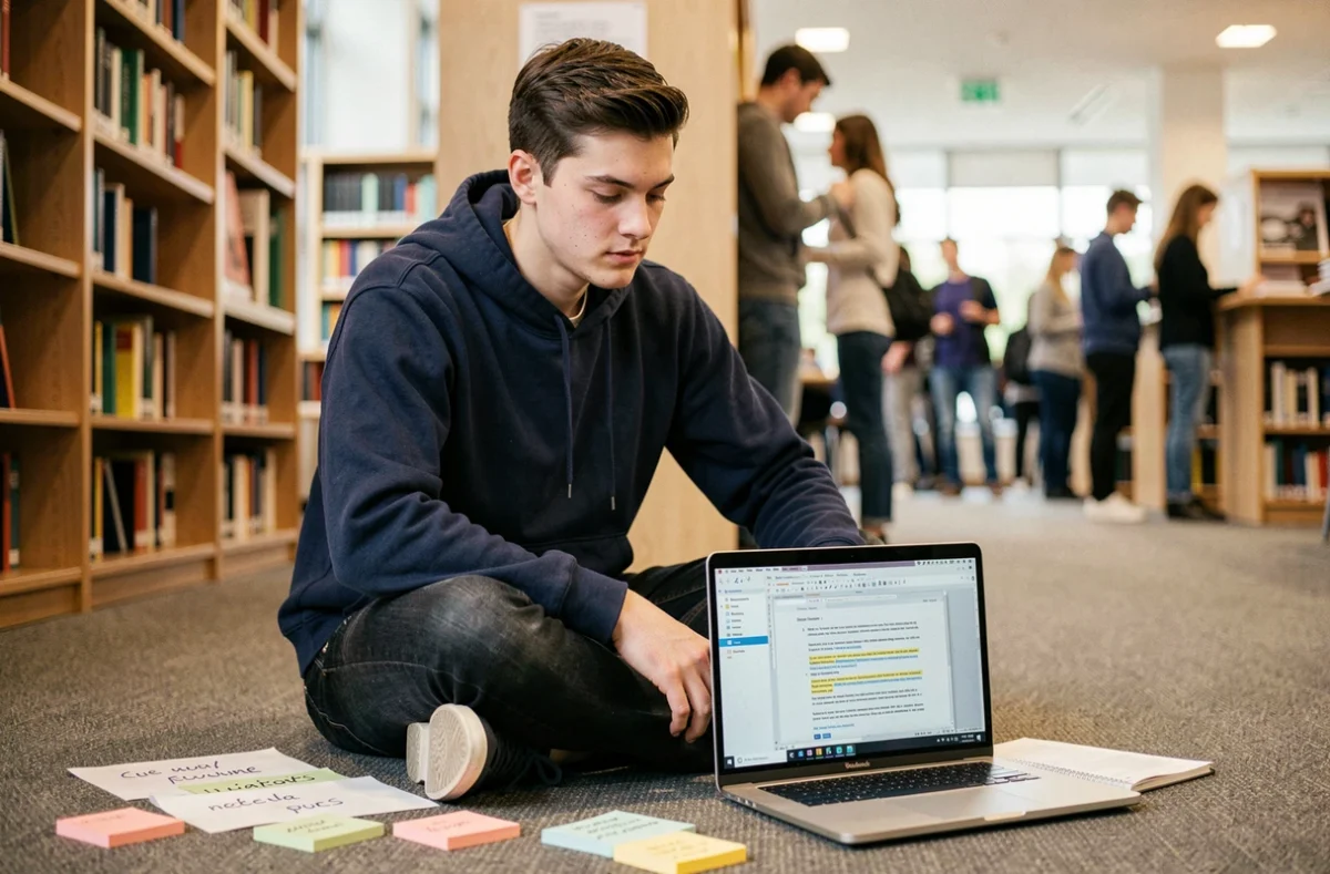 Étudiant travaillant sur les connecteurs logiques dans une bibliothèque universitaire moderne avec un ordinateur portable et des notes