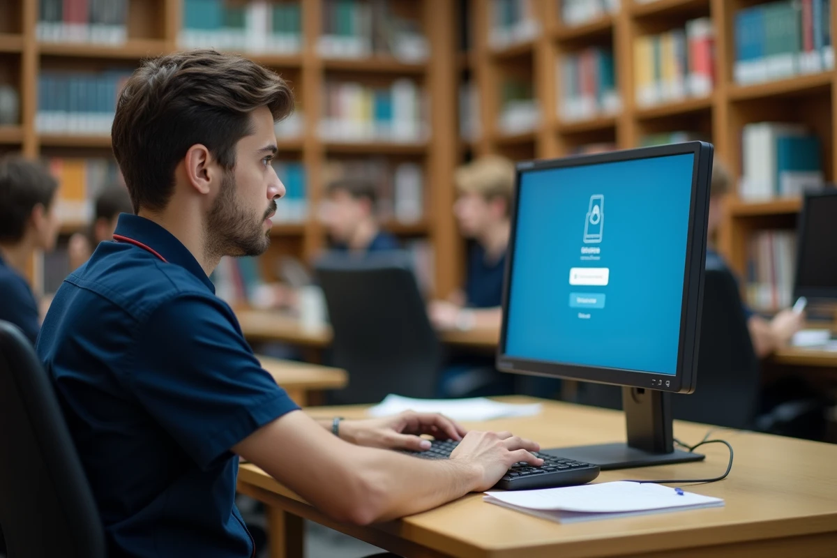 Étudiant masculin en bibliothèque universitaire effectuant sa première connexion sur un portail académique en ligne