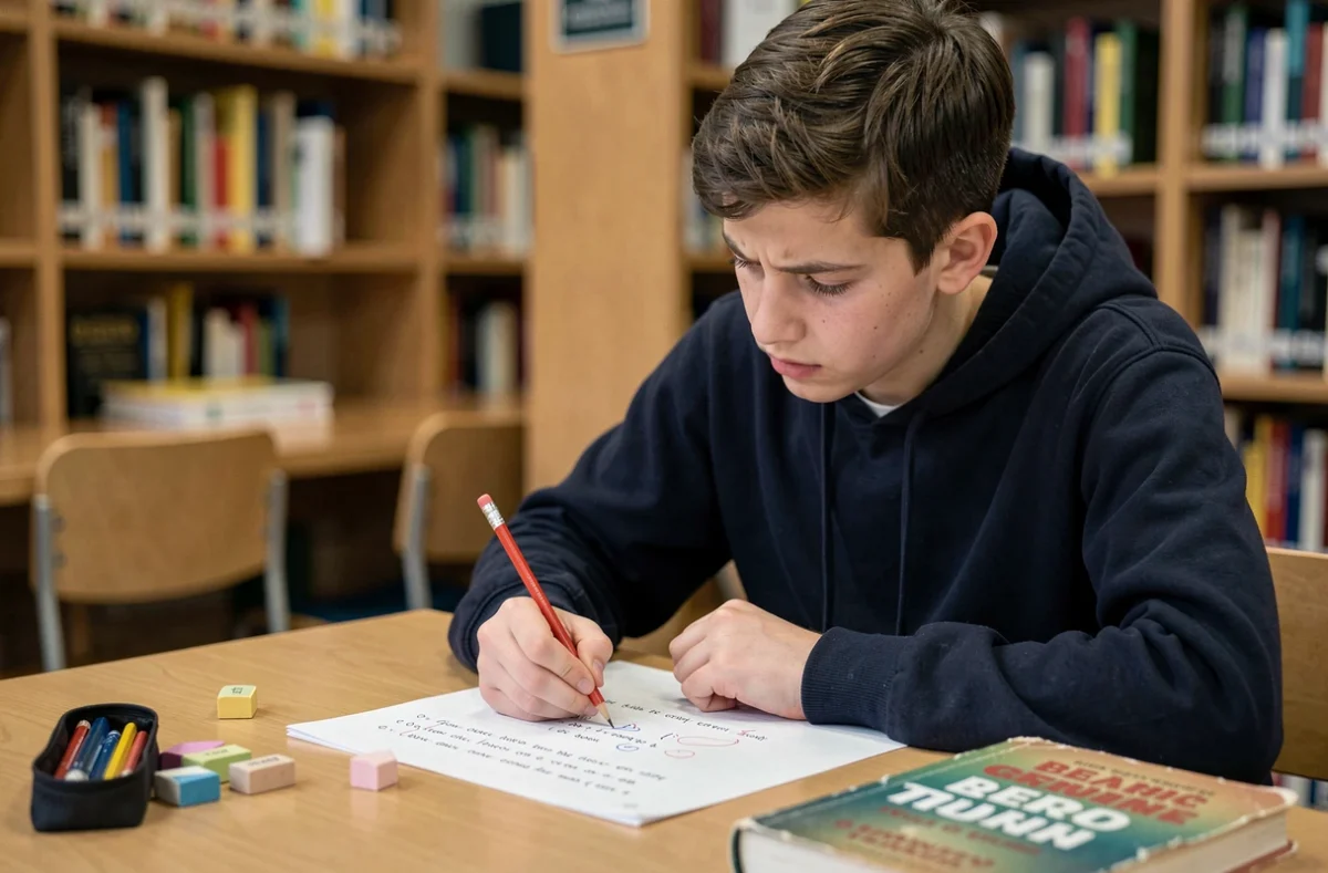 Adolescent corrigeant des exercices de conjugaison avec des erreurs sur les verbes du 2ème groupe dans une bibliothèque