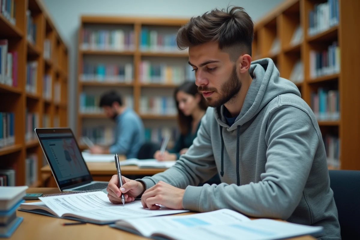 Étudiant en ergothérapie révisant ses cours dans une bibliothèque universitaire avec manuels et ordinateur
