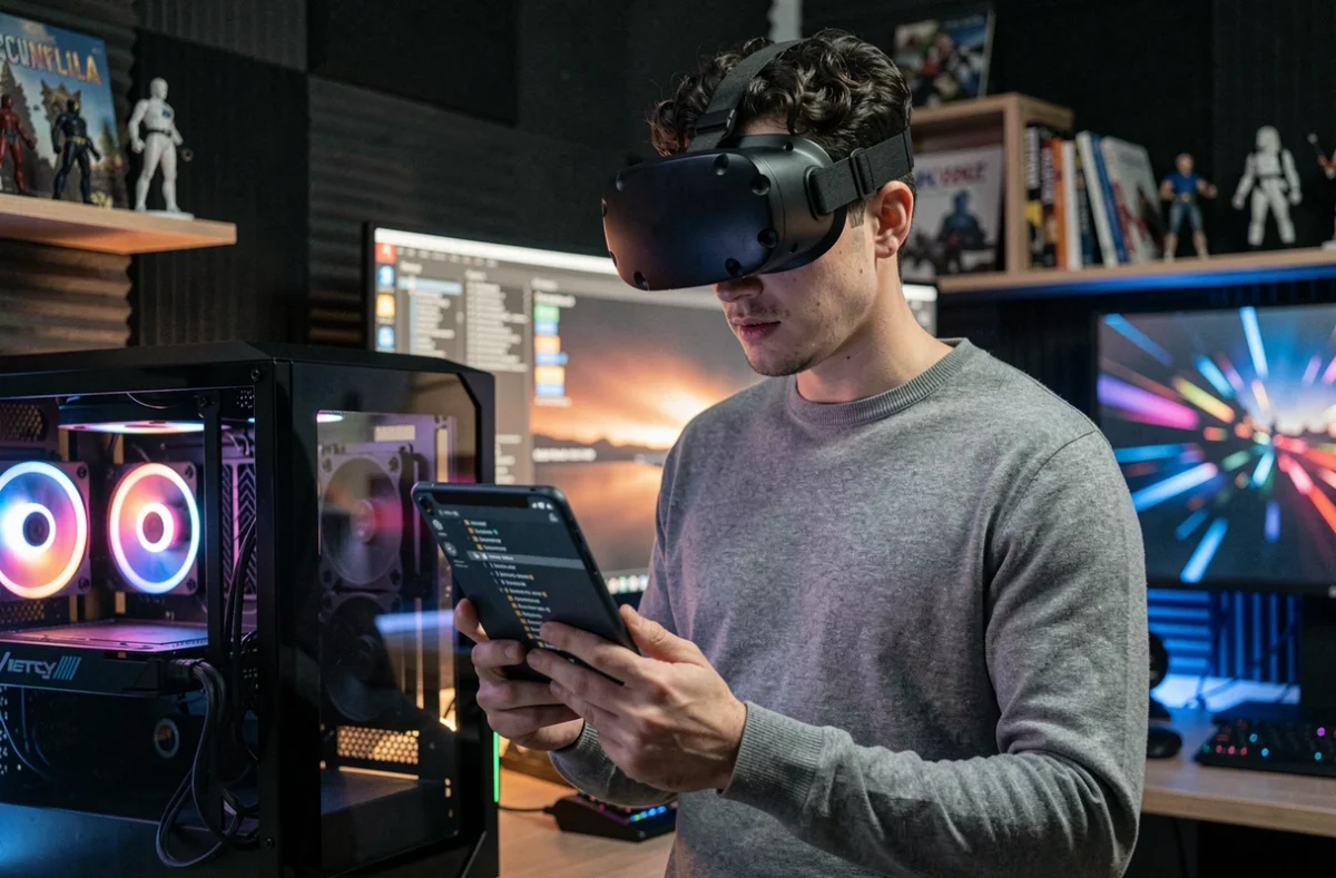 Étudiant en game design GOBELINS avec casque VR et tablette Unity dans un laboratoire de développement de jeux vidéo