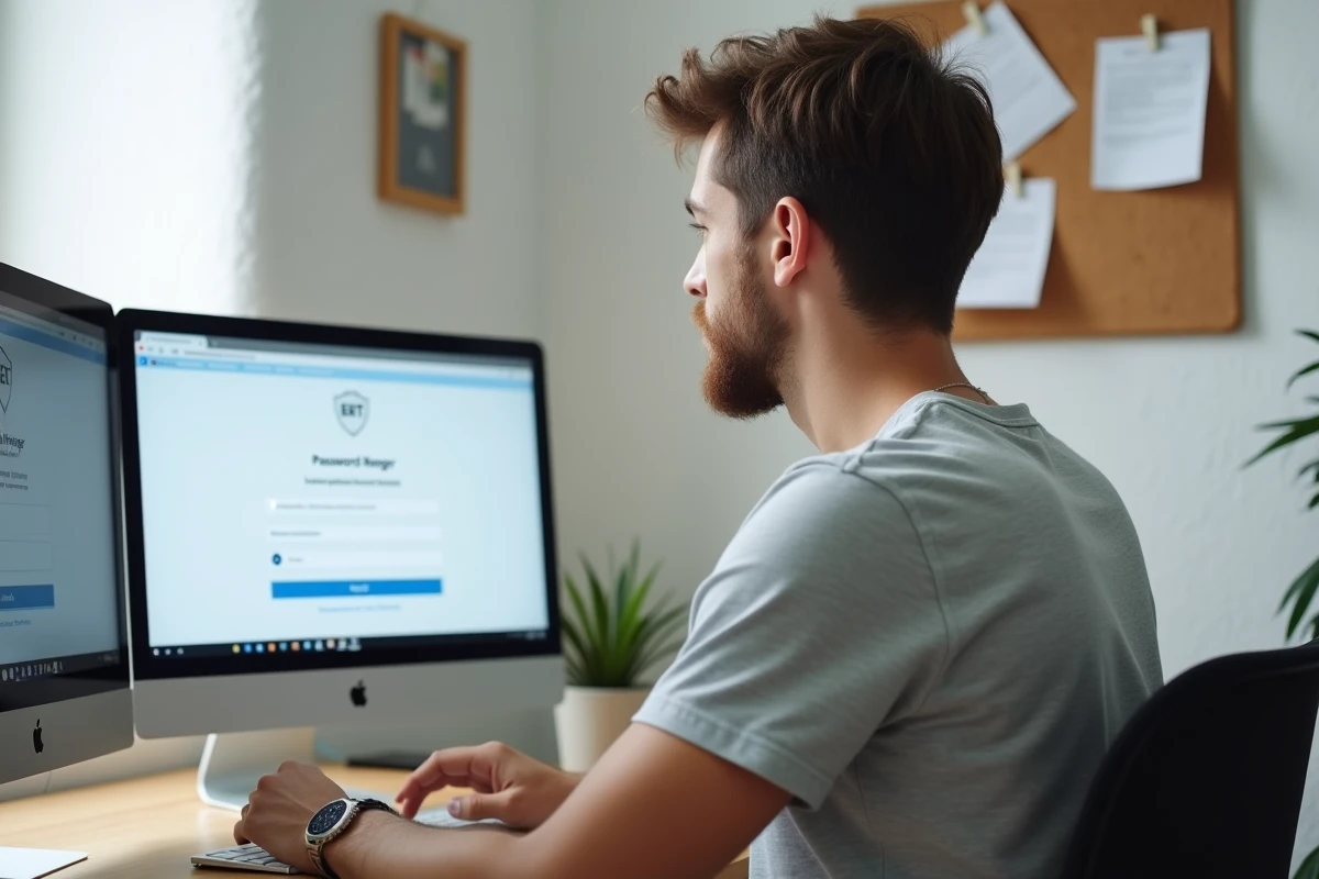 Étudiant utilisant un gestionnaire de mots de passe sur ordinateur de bureau pour sécuriser ses identifiants de connexion à l'ENT de Sciences Po Bordeaux