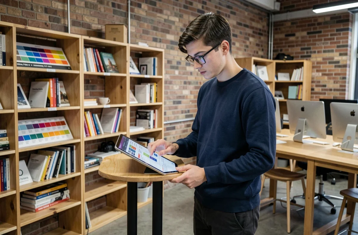 Étudiant masculin explorant l'interface MJMCloud sur une tablette dans un espace collaboratif de l'école MJM Graphic Design à la rentrée