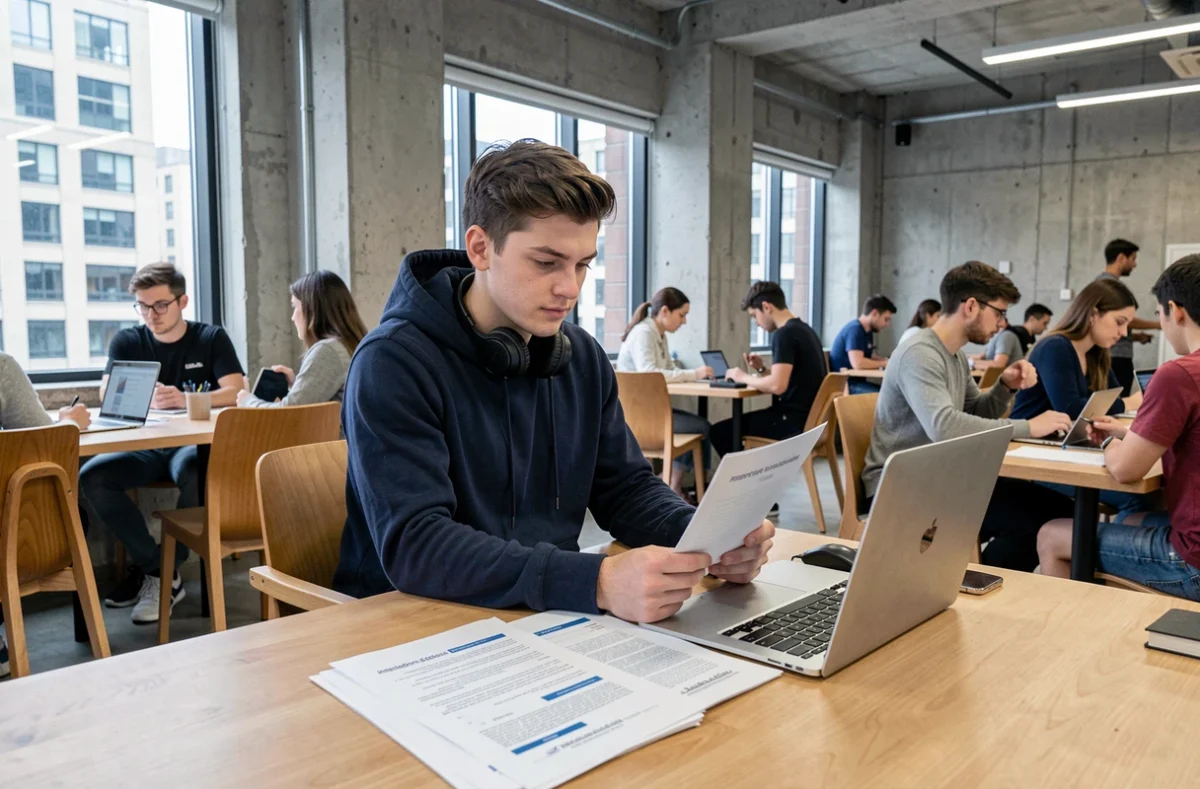 Étudiant NEOMA travaillant dans un espace de coworking à l'étranger pendant son stage international