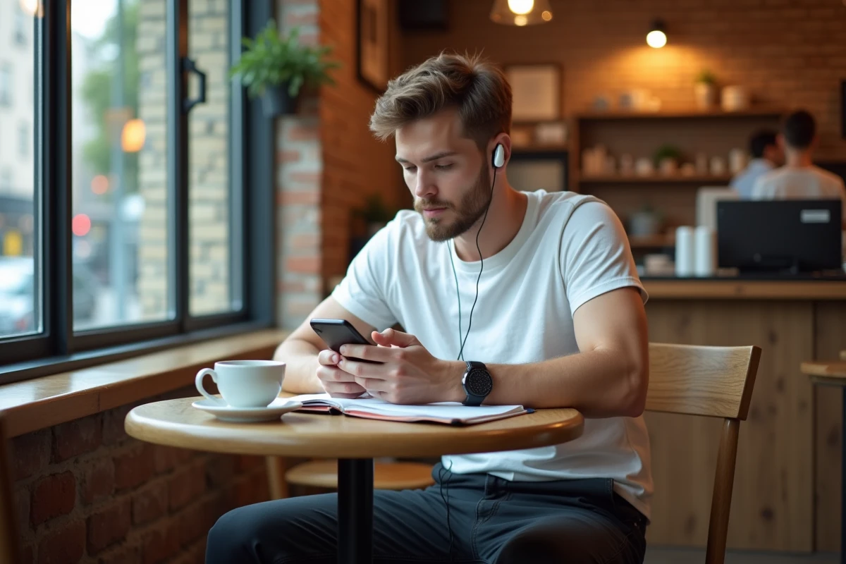 Étudiant de PSB en formation mobile regardant un cours vidéo dans un café avec écouteurs et smartphone