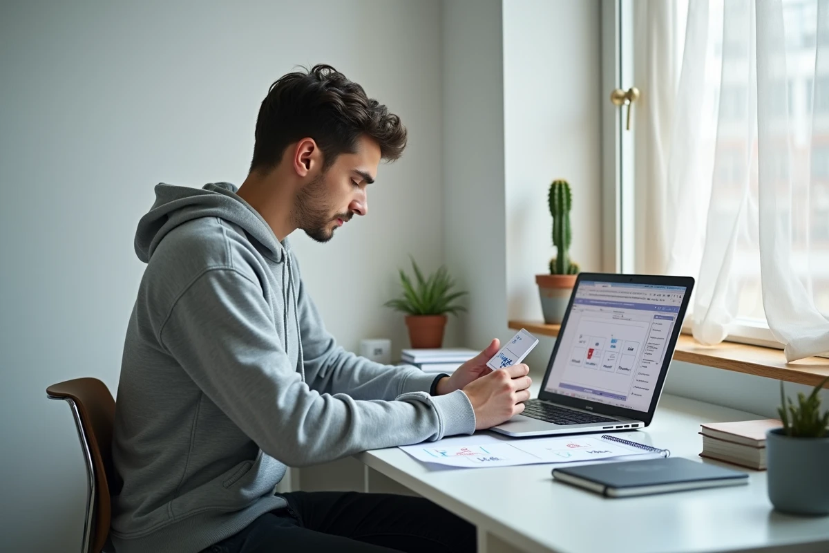 Étudiant révisant les conjugaisons du subjonctif imparfait espagnol avec des fiches et un ordinateur portable dans sa chambre