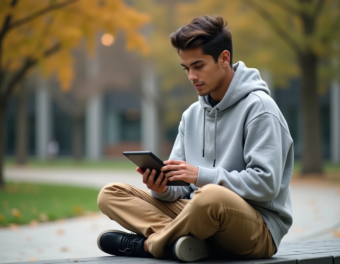 Étudiant consultant le test Onisep sur tablette en plein air sur un campus universitaire en automne