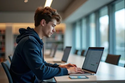 Jeune étudiant en bibliothèque universitaire Paris Nanterre