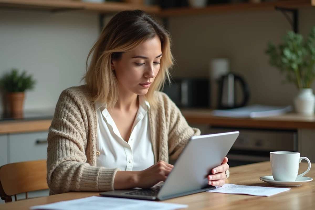 Étudiante adulte consultant les étapes de première connexion au portail mycampus sur une tablette depuis son domicile