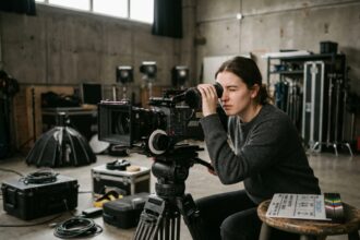 Étudiante en école de cinéma regardant dans le viseur d'une caméra professionnelle dans un studio de tournage