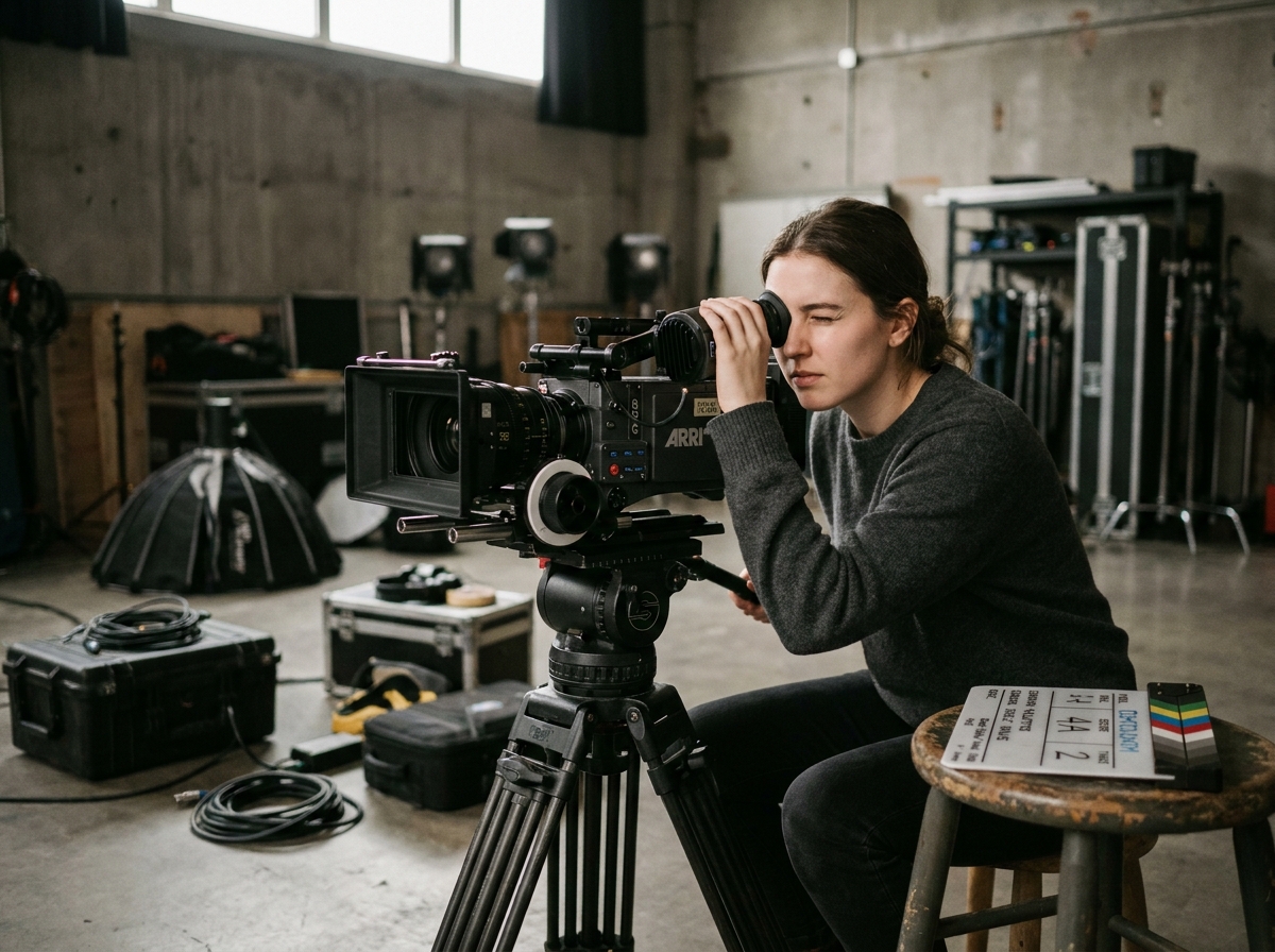 Étudiante en école de cinéma regardant dans le viseur d'une caméra professionnelle dans un studio de tournage