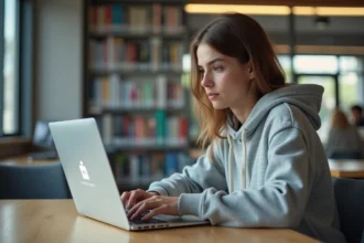 Étudiante connectée au portail académique id.ac-versailles.fr sur un ordinateur portable dans une bibliothèque universitaire