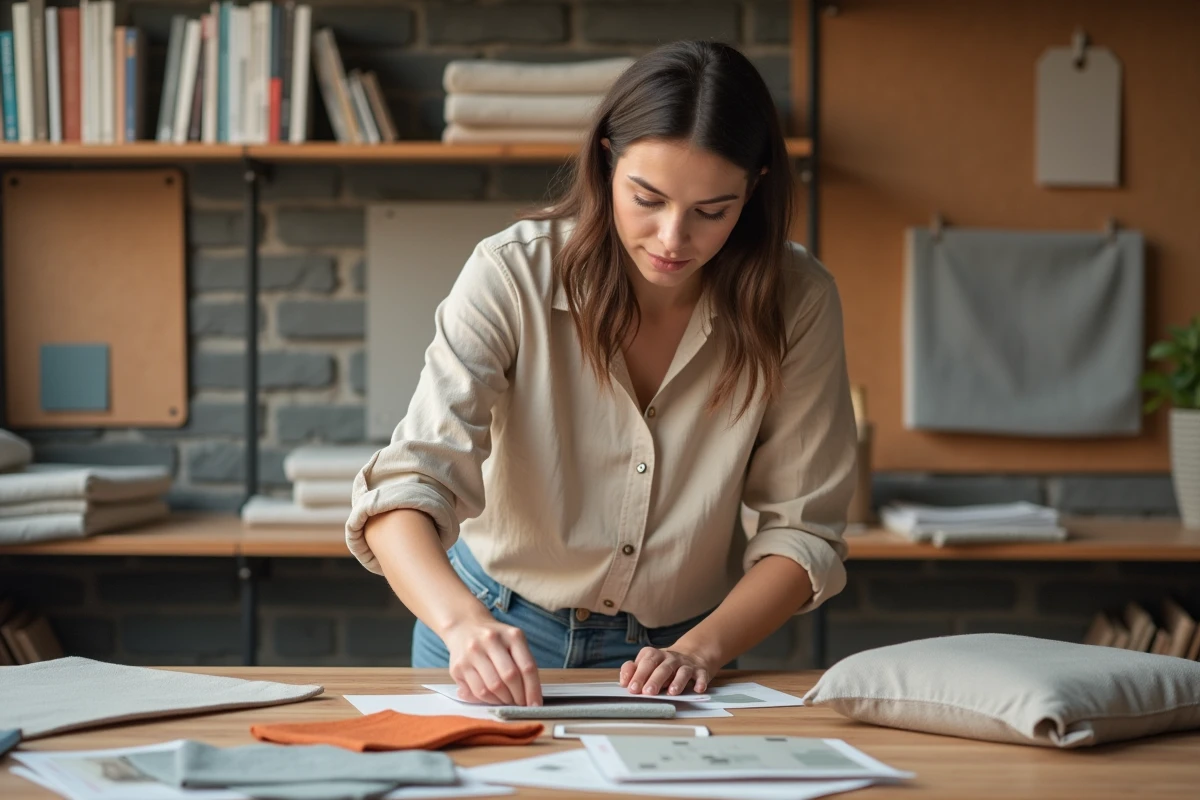 Étudiante en décoration intérieure qui compare des échantillons de tissus et palettes de couleurs dans un atelier de design